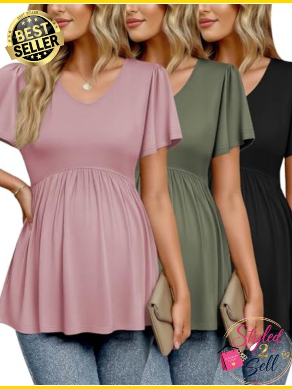 Maternity Shirts 3 Pack V-Neck Short Sleeve Ruched Pregnancy Tops